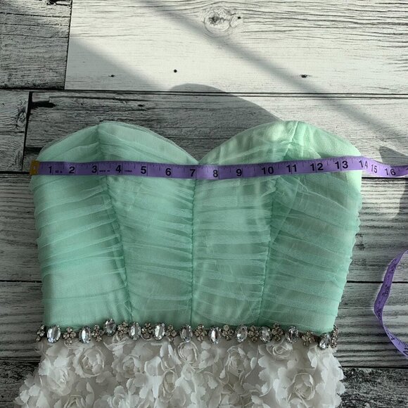 Vintage Y2k Babydoll Sheer Mint Corset Rhinestone Strapless Mini Dress - Picture 13 of 16